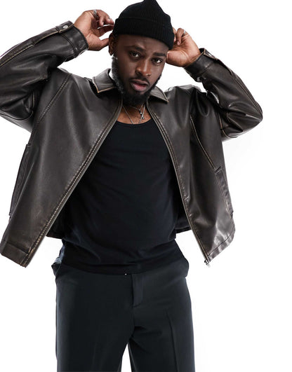 Oversized Faux Leather Harrington Jacket