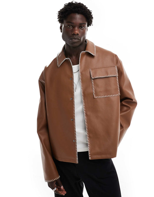 Oversized Faux Leather Harrington Jacket With Contrast Stich