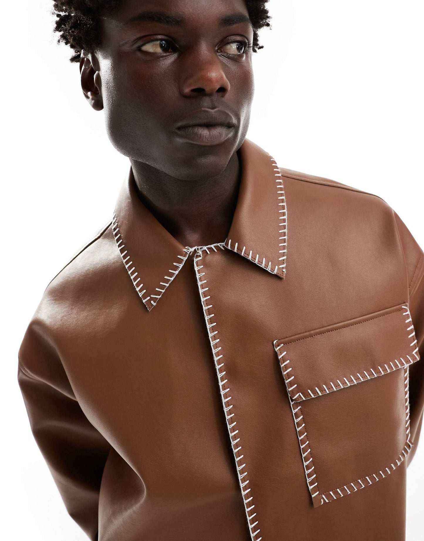 Oversized Faux Leather Harrington Jacket With Contrast Stich