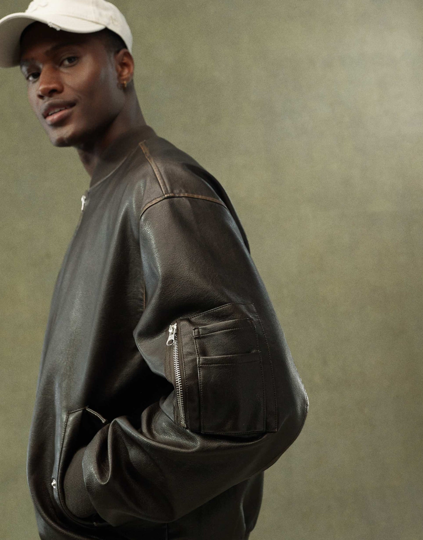 Faux Leather Oversized Distressed Bomber Jacket
