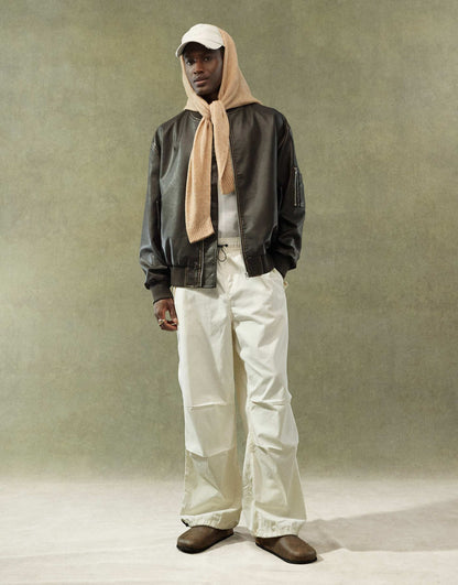 Faux Leather Oversized Distressed Bomber Jacket