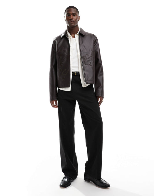 Faux Leather Cropped Harrington Jacket With Floral Debossing