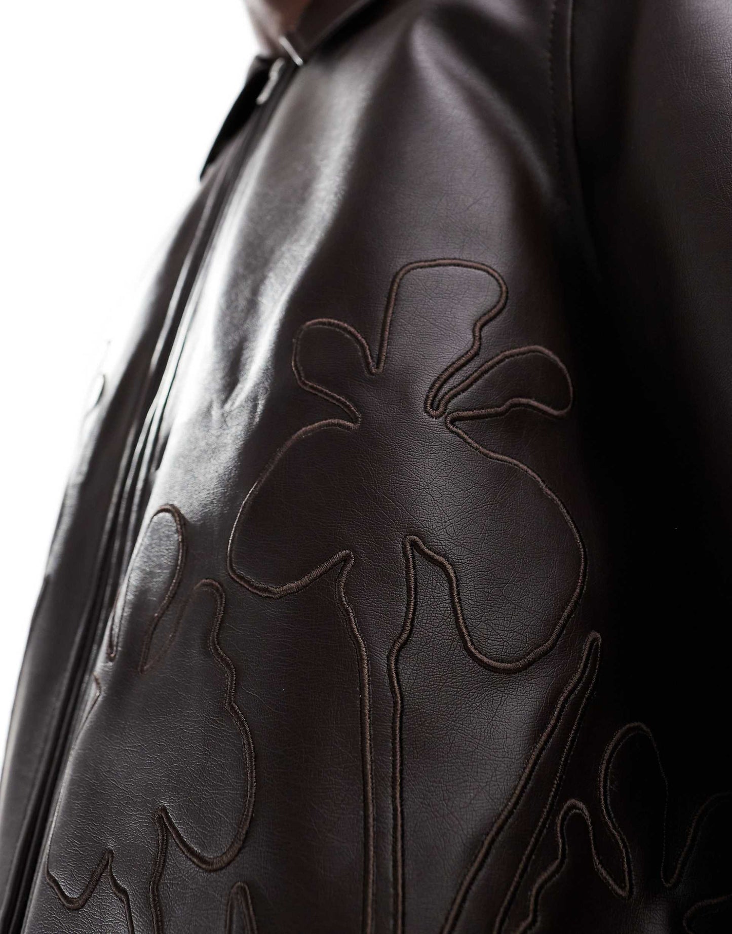 Faux Leather Cropped Harrington Jacket With Floral Debossing