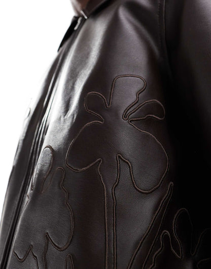 Faux Leather Cropped Harrington Jacket With Floral Debossing