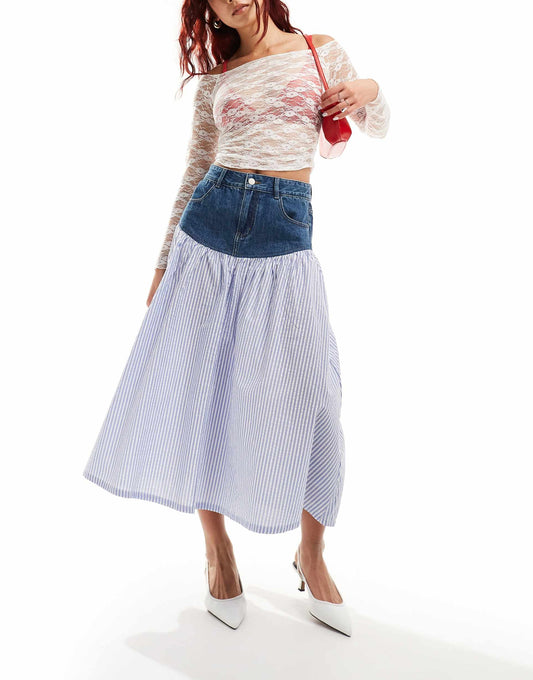 Stripe Spliced Denim Midaxi Skirt