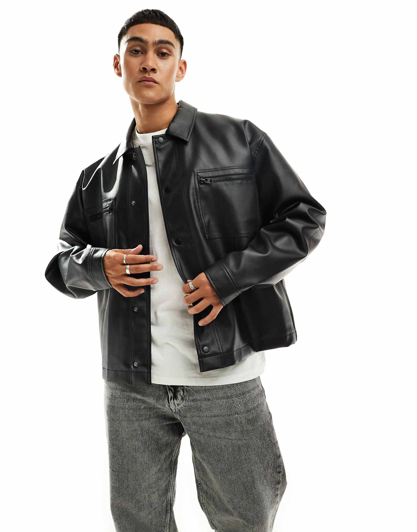 Faux Leather Oversized Harrington Jacket With Zip Detail