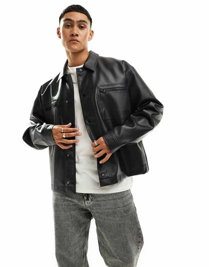 Faux Leather Oversized Harrington Jacket With Zip Detail