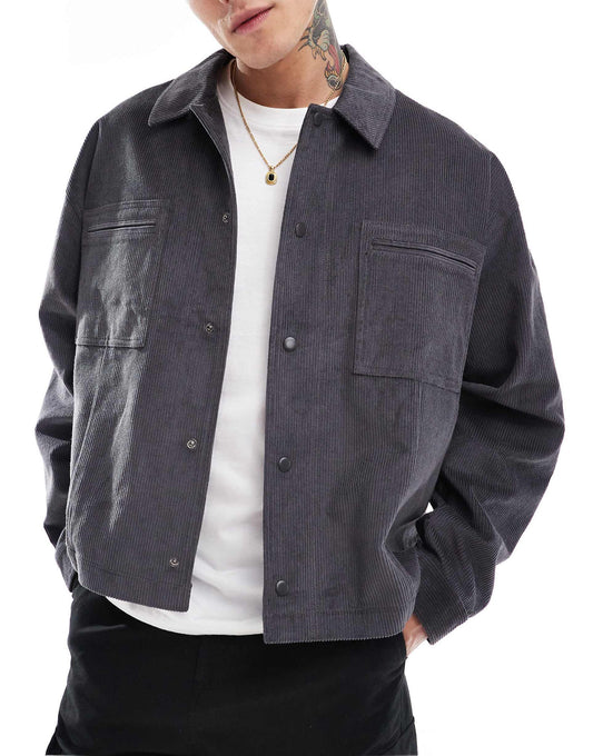 Oversized Cord Harrington Jacket With Pockets