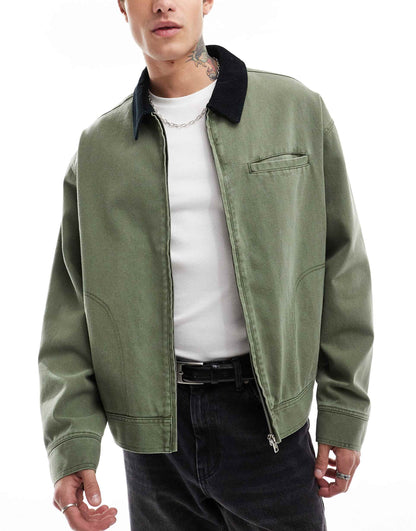 Oversized Washed Harrington Jacket With Cord Collar