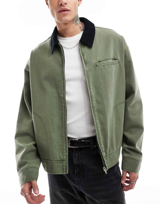 Oversized Washed Harrington Jacket With Cord Collar