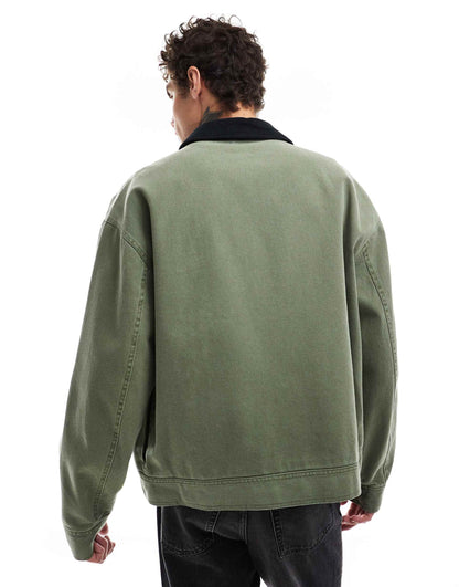 Oversized Washed Harrington Jacket With Cord Collar