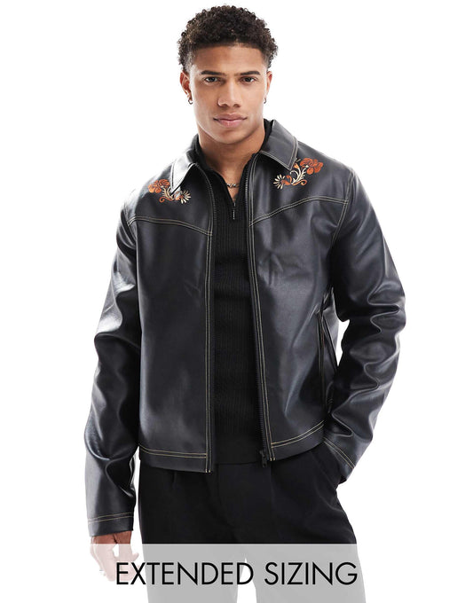 Faux Leather Harrington Jacket With Floral Embroidery