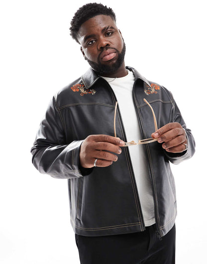 Faux Leather Harrington Jacket With Floral Embroidery