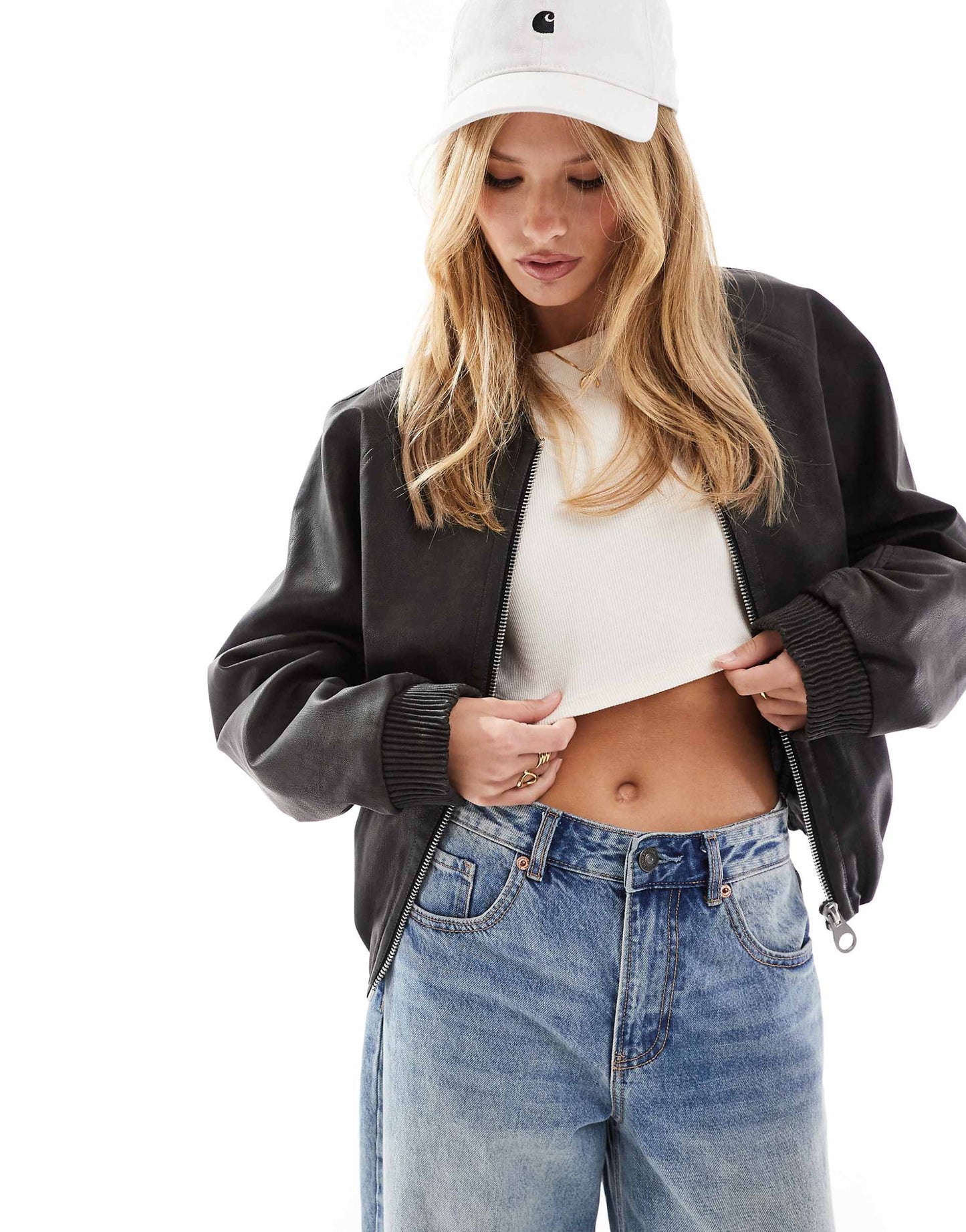 Textured Leather Look Bomber Jacket