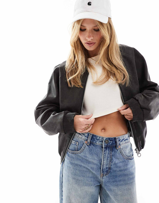 Textured Leather Look Bomber Jacket
