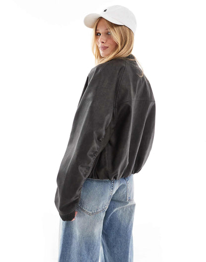 Textured Leather Look Bomber Jacket