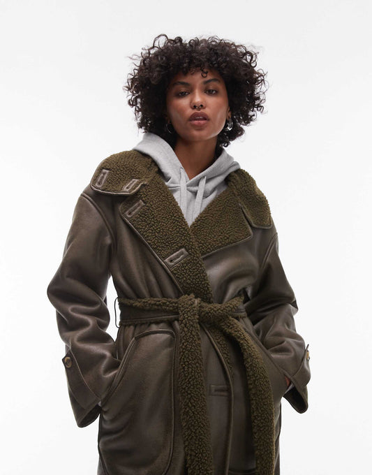 Faux Leather Shearling Trench Coat