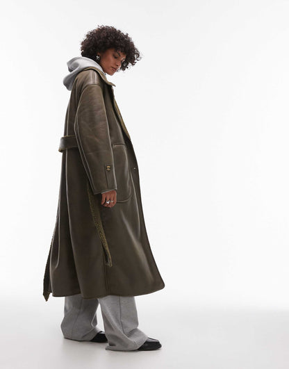 Faux Leather Shearling Trench Coat