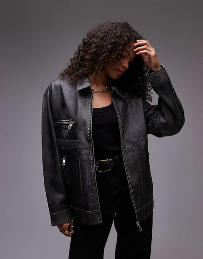 Premium Real Leather Zip Through Jacket