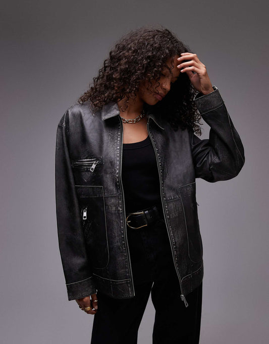 Premium Real Leather Zip Through Jacket