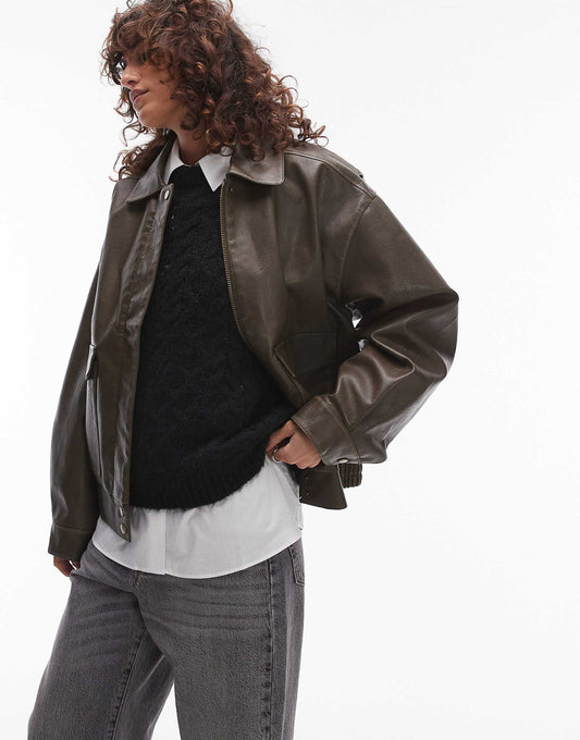 Faux Leather Oversized Bomber Jacket