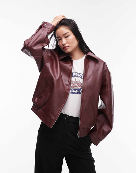 Grain Faux Leather Oversized Bomber Jacket