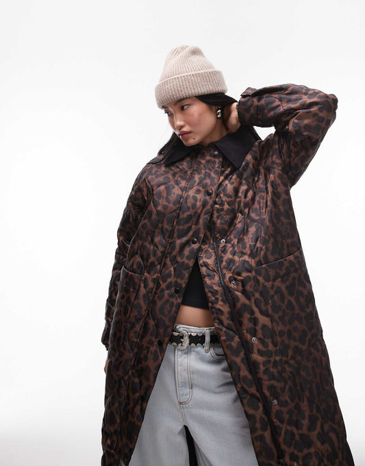 Leopard Long Nylon Coat With Cord Collar