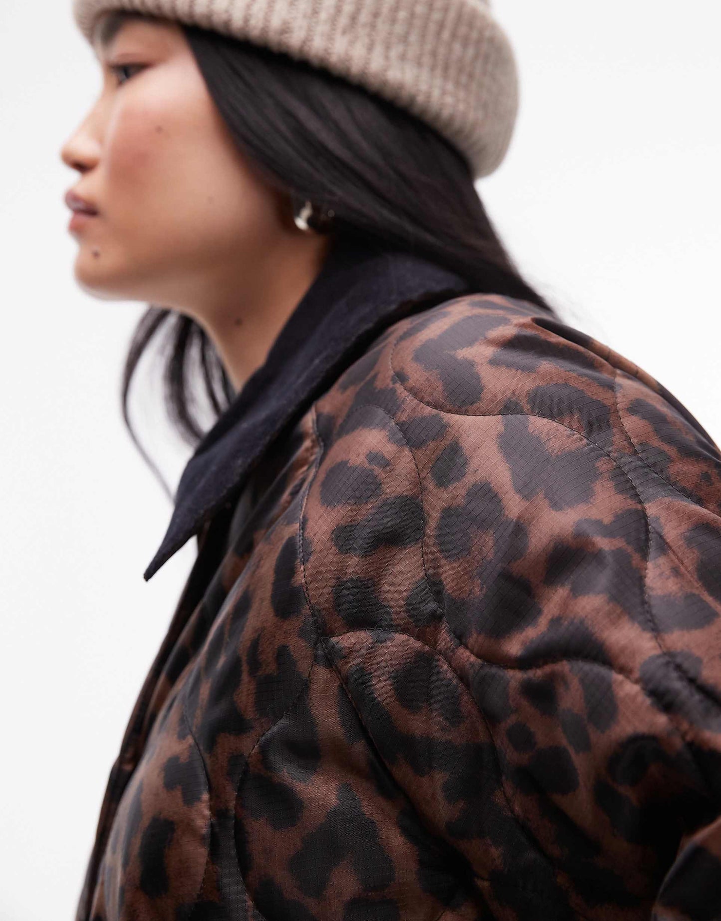 Leopard Long Nylon Coat With Cord Collar
