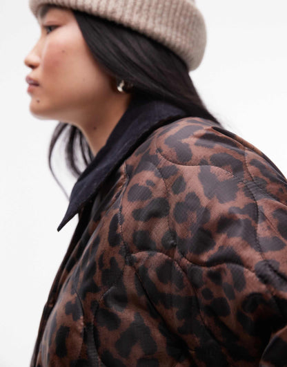 Leopard Long Nylon Coat With Cord Collar