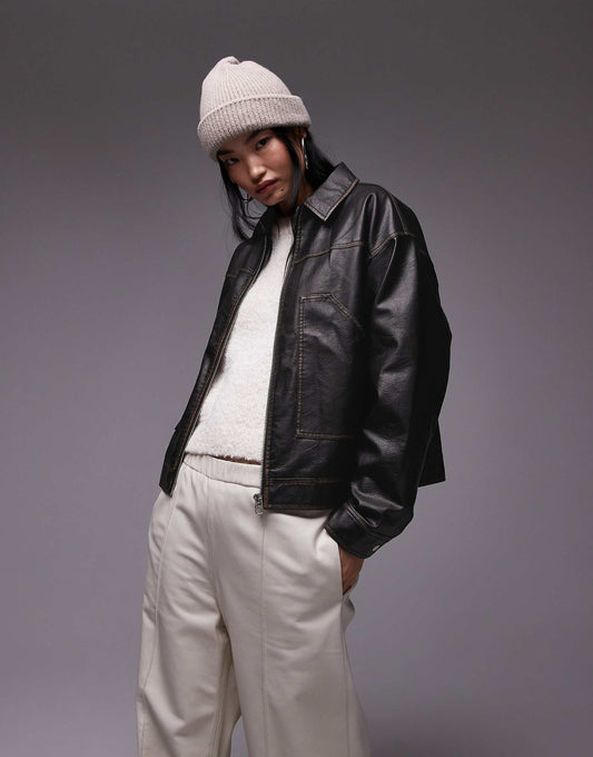 Leather Look Zip Through Jacket