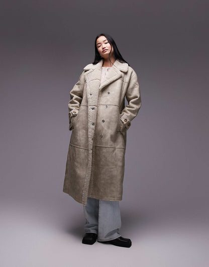 Faux Leather Shearling Longline Aviator Jacket