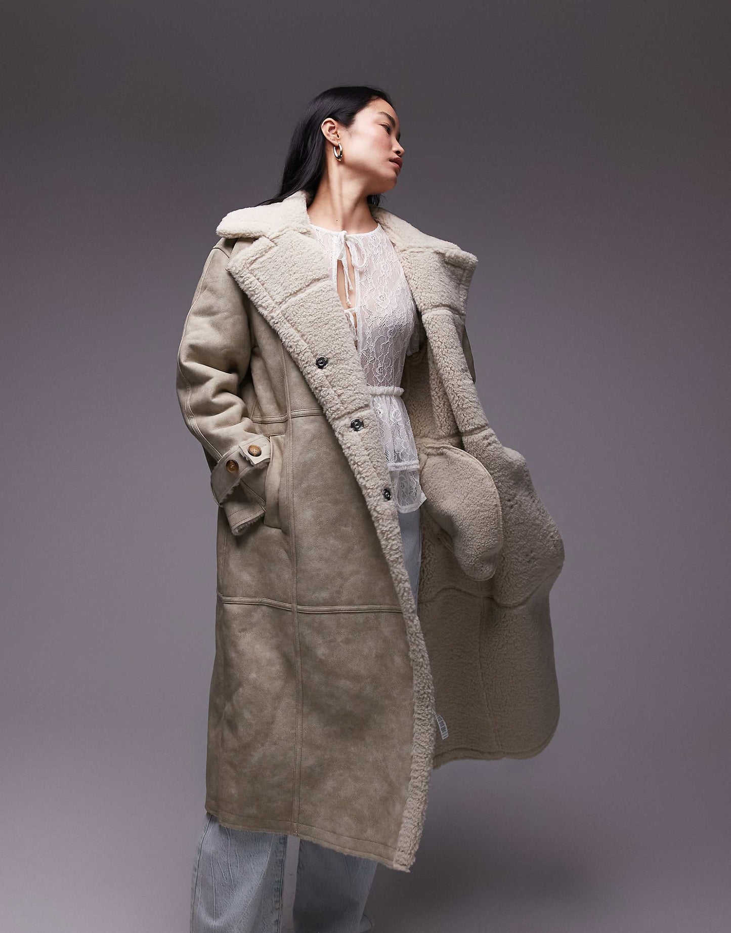 Faux Leather Shearling Longline Aviator Jacket