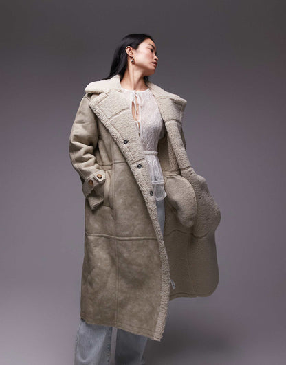Faux Leather Shearling Longline Aviator Jacket