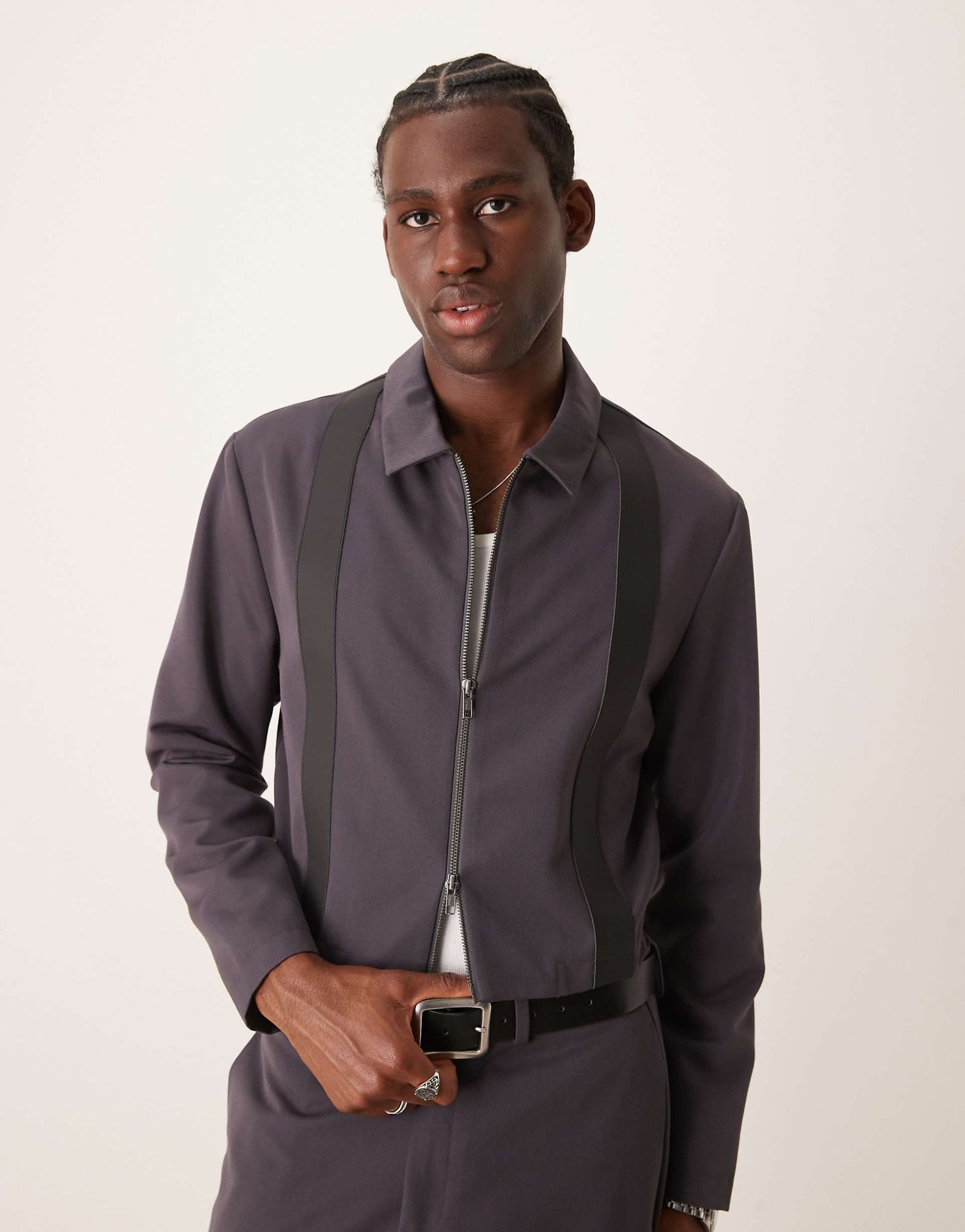 Cropped Slim Smart Co-Ord Harrington Jacket With Pu Trim