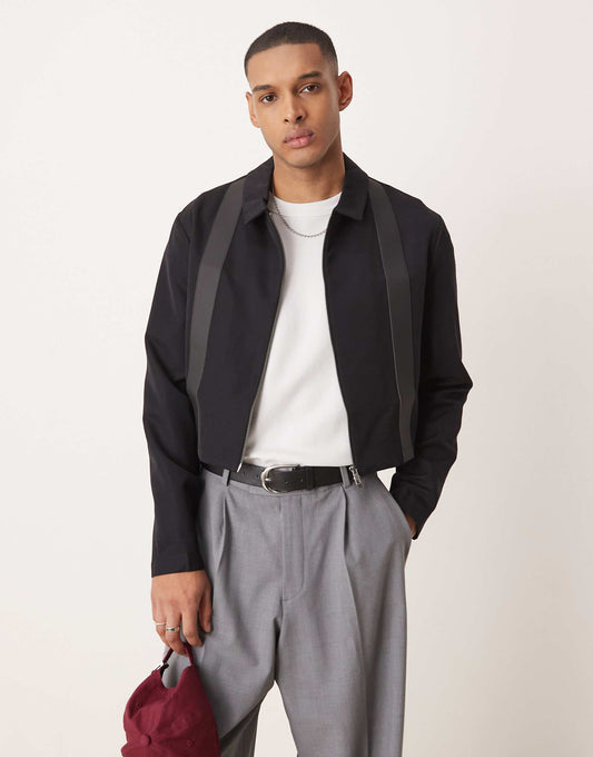Cropped Slim Smart Co-Ord Harrington Jacket With Pu Trim