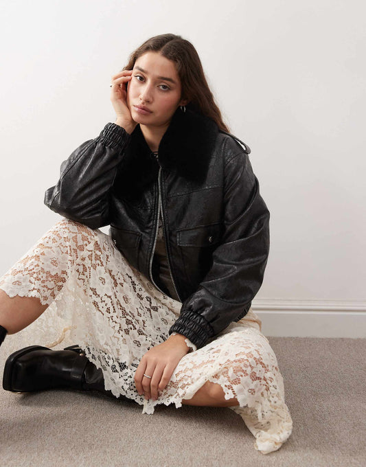 Faux Leather Croc Faux Fur Trim Bomber Jacket
