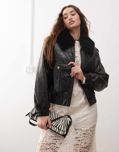 Faux Leather Croc Faux Fur Trim Bomber Jacket