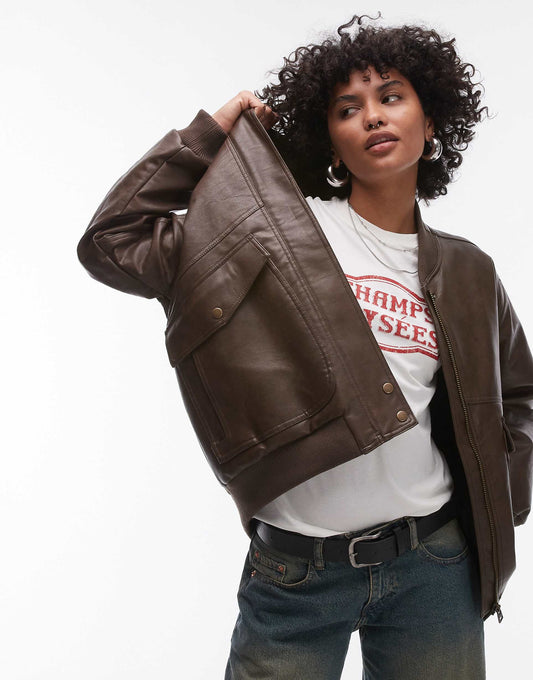 Faux Leather Super Oversized Bomber Jacket With Borg Lining
