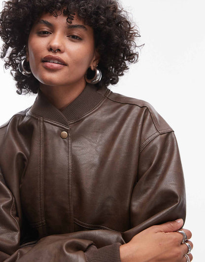 Faux Leather Super Oversized Bomber Jacket With Borg Lining