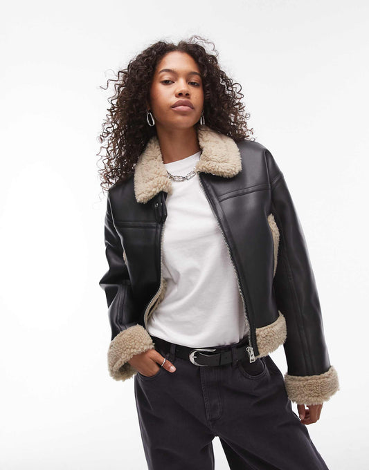 Faux Leather Shearling Fitted Aviator Jacket