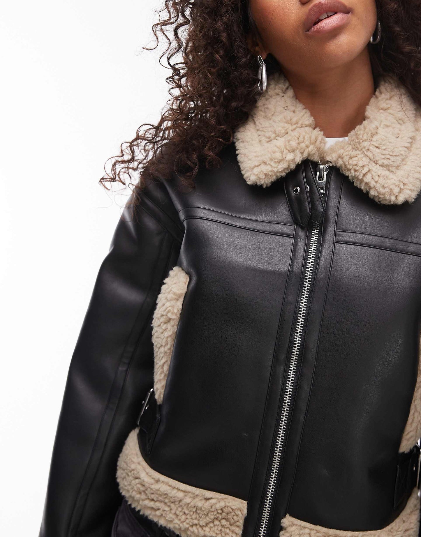 Faux Leather Shearling Fitted Aviator Jacket