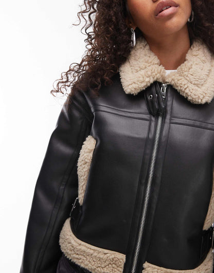 Faux Leather Shearling Fitted Aviator Jacket