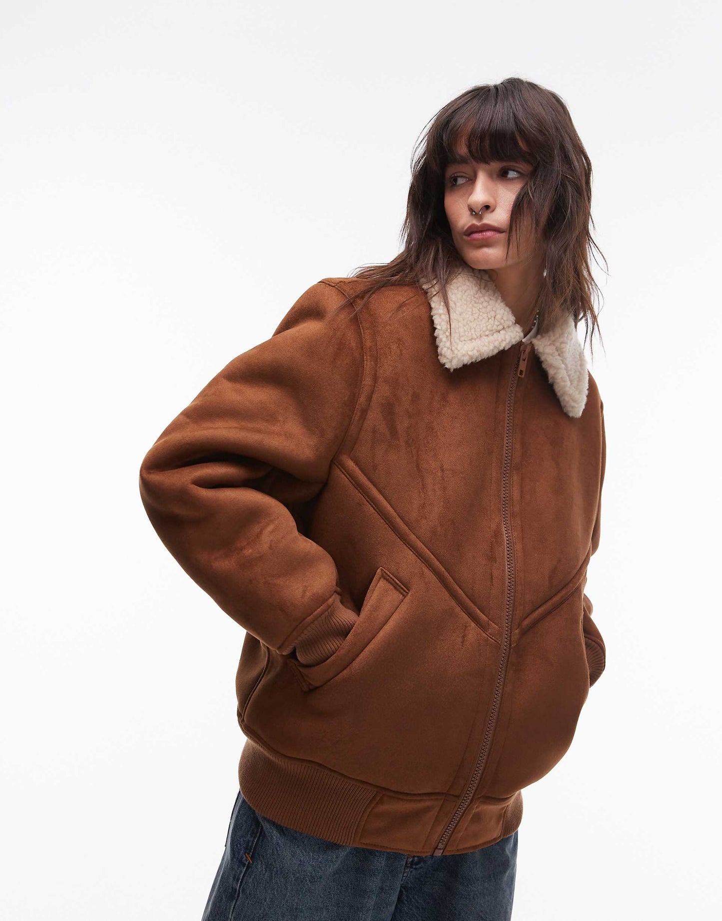 Faux Suede Shearling Bomber Jacket