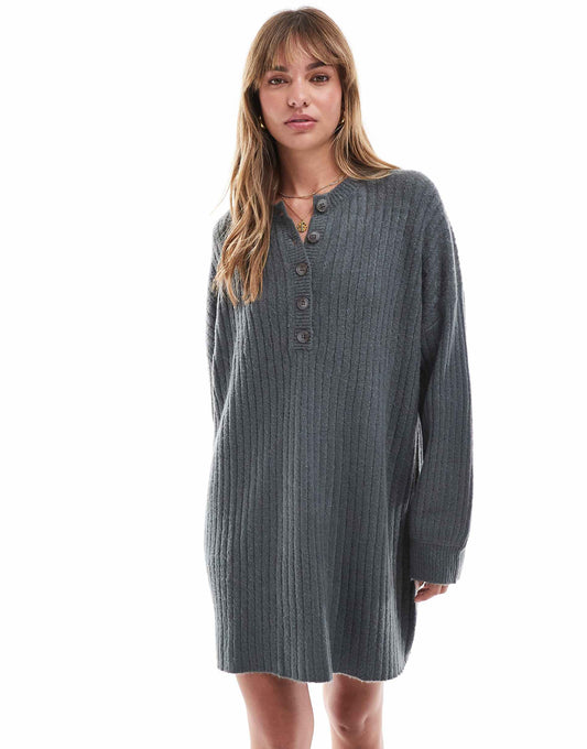 Henley Button Detail Knit Mini Dress