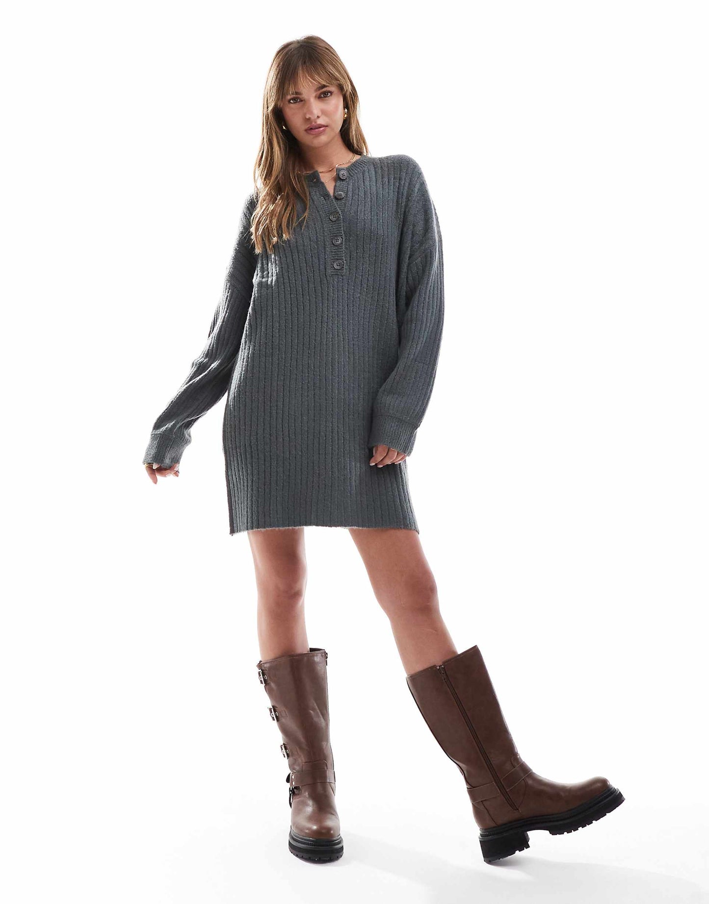Henley Button Detail Knit Mini Dress