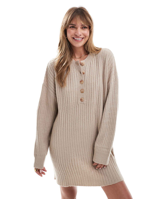 Henley Button Detail Knit Mini Dress