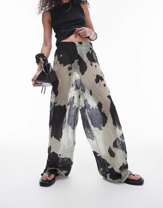 Cow Print Sheer Crinkle Trouser
