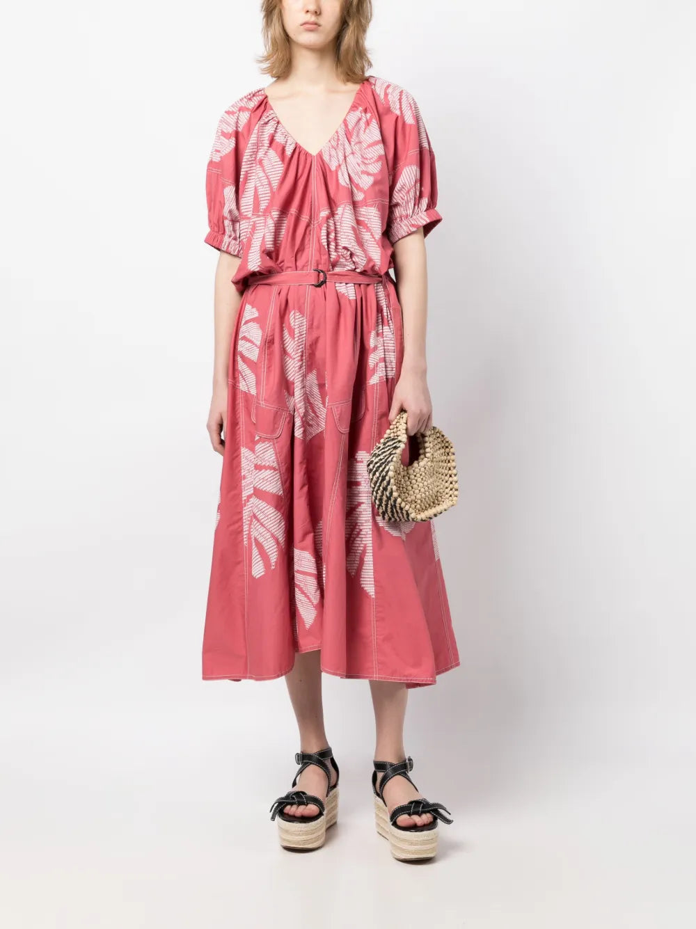 Leaf-Appliqué Cotton Midi Dress