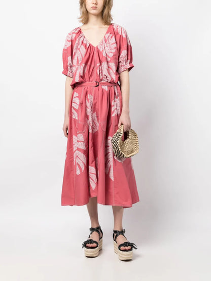 Leaf-Appliqué Cotton Midi Dress