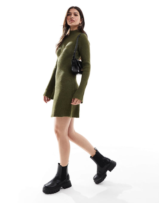 Funnel Neck Knit Swing Mini Dress